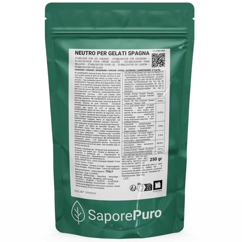 Neutro Per Gelato SaporePuro stabilizzante per gelato, 250g, in bustina, used to create creamy, high-quality homemade gelato.